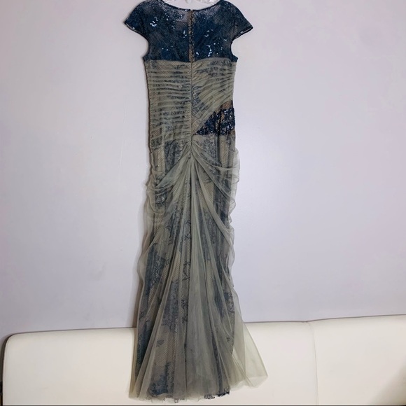 Tadashi Shoji lace beaded tulle navy grey layer full length drape gown formal 6 - Picture 9 of 10